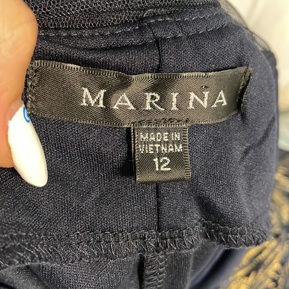 Marina cocktail stretch lace foil dress STATEMENT sheer BACK sheath navy gold L - Picture 10 of 16